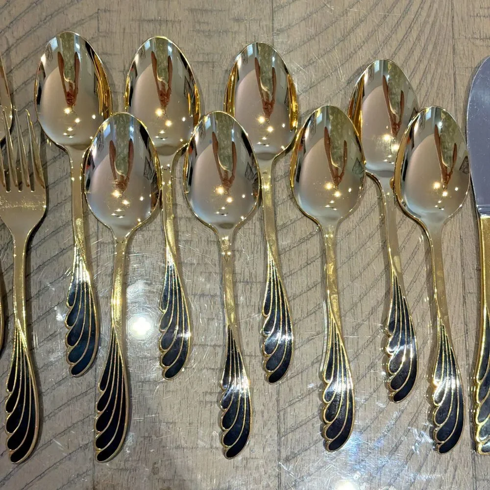 vtg Ranmaru Wave Golden silverware flatware cutlery Black gold knife spoon Fork